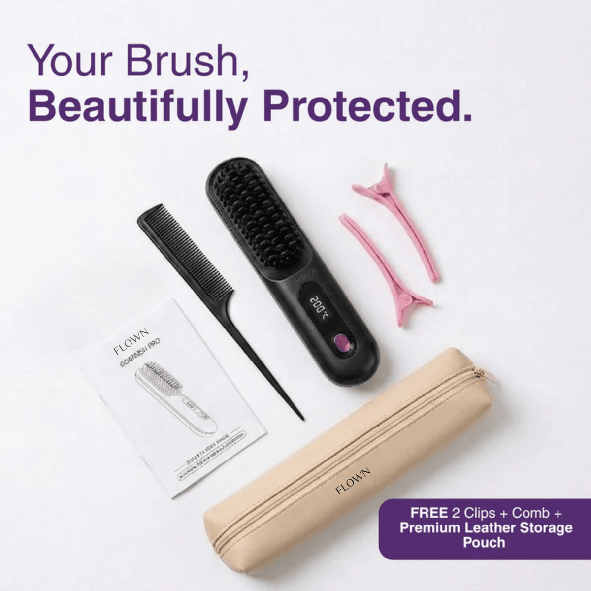 [NEW] FLOWN Portable Straightener Brush - GoBrush PRO + Free Leather Pouch
